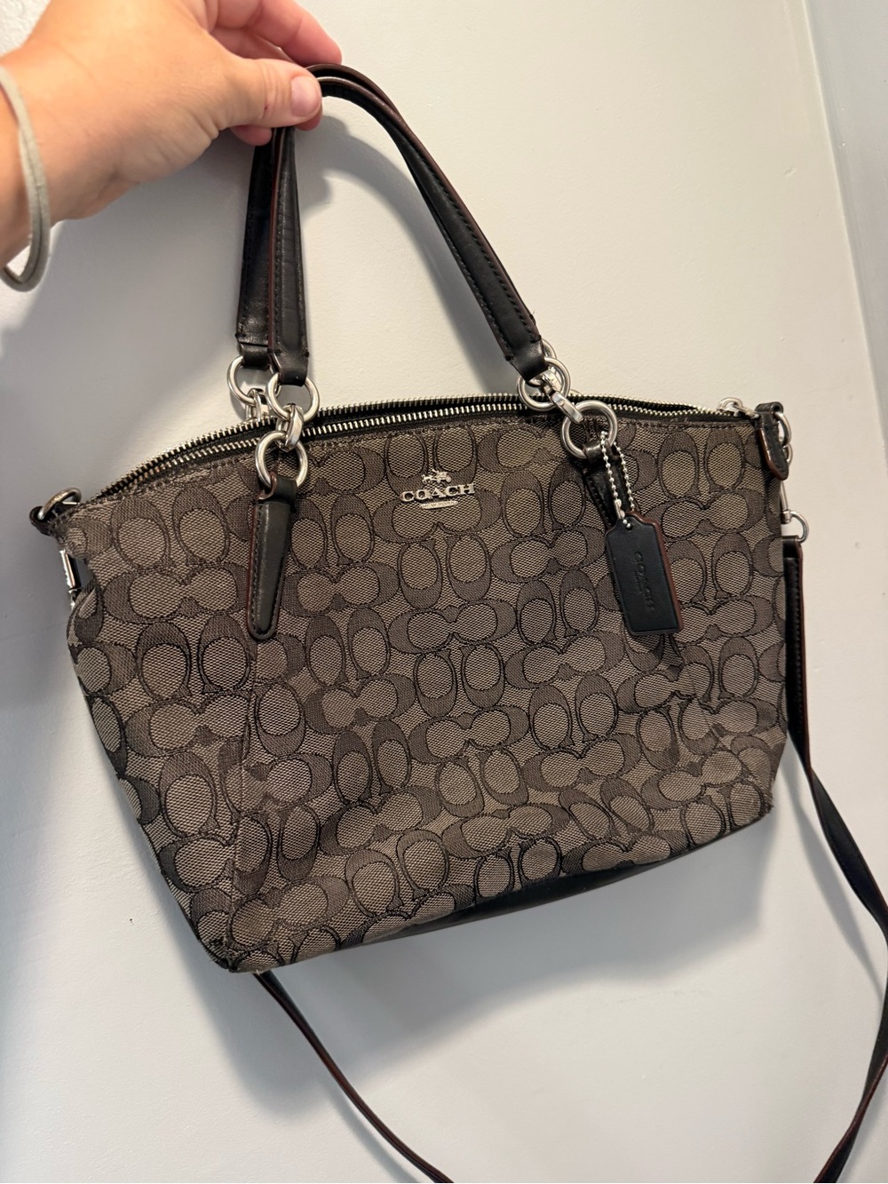 Coach Brown Signature Canvas Shoulder Bag with Black Trim